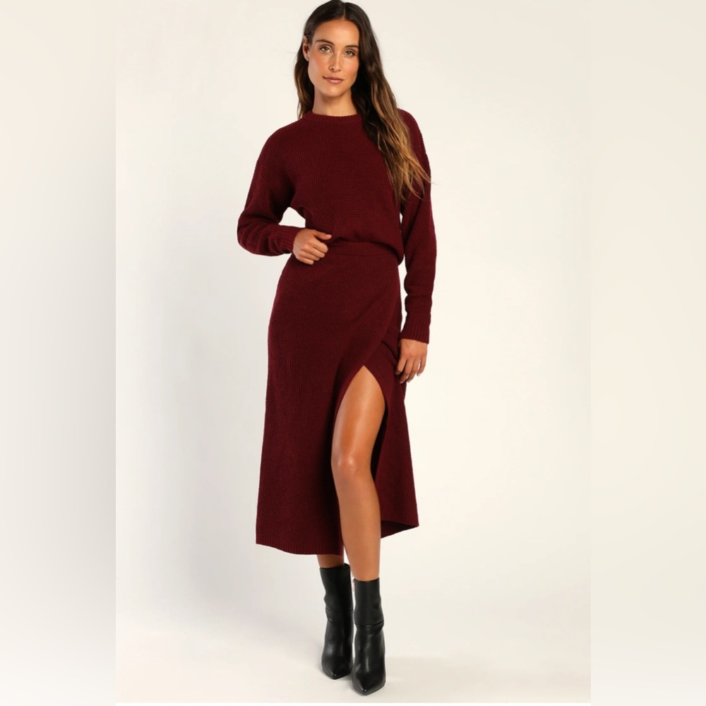 Lulus Burgundy Waffle Knit Two-Piece Sweater Dress